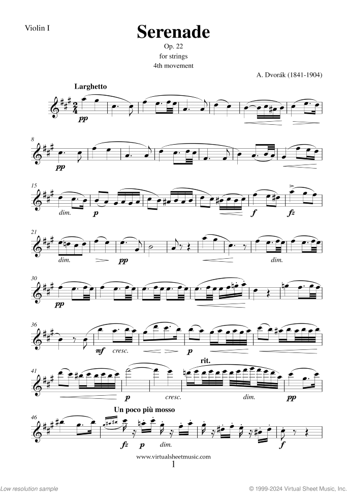 Serenade Op. 22 sheet music for string orchestra by Antonin Dvorak, classical score, intermediate/advanced skill level