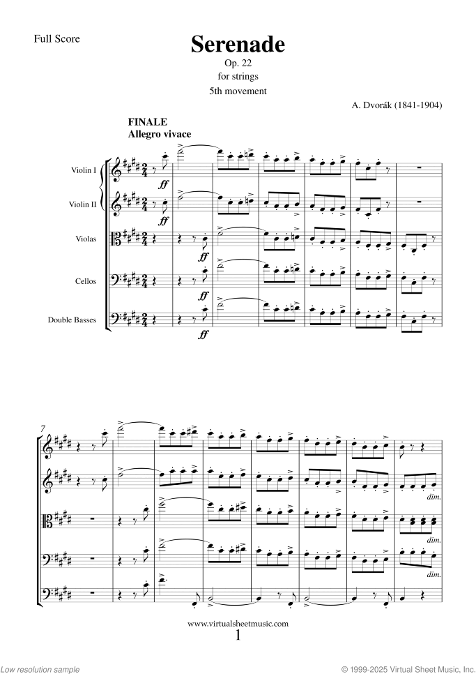 Serenade Op. 22 sheet music for string orchestra by Antonin Dvorak, classical score, intermediate/advanced skill level