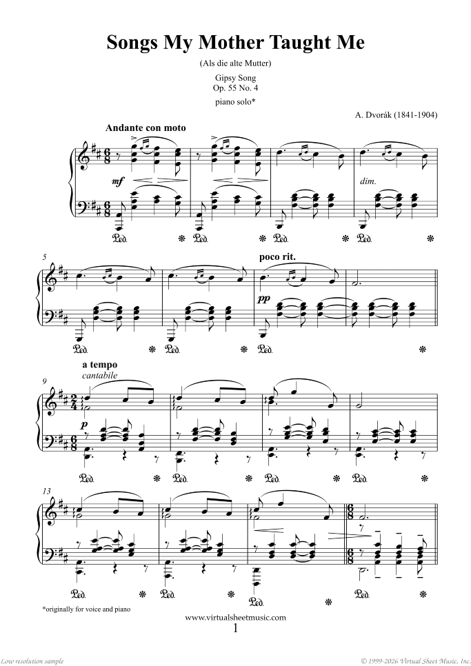 Songs My Mother Taught Me Op.55 No. 4 sheet music for piano by Antonin Dvorak, classical score, advanced skill level