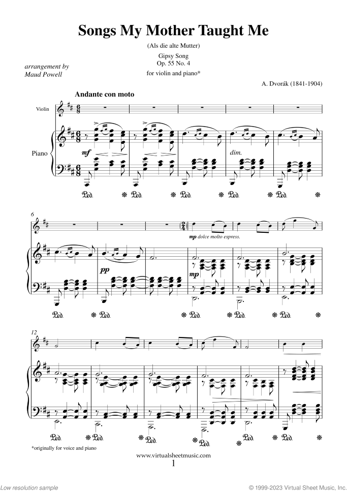 Songs My Mother Taught Me Op.55 No. 4 sheet music for violin and piano by Antonin Dvorak, classical score, advanced skill level