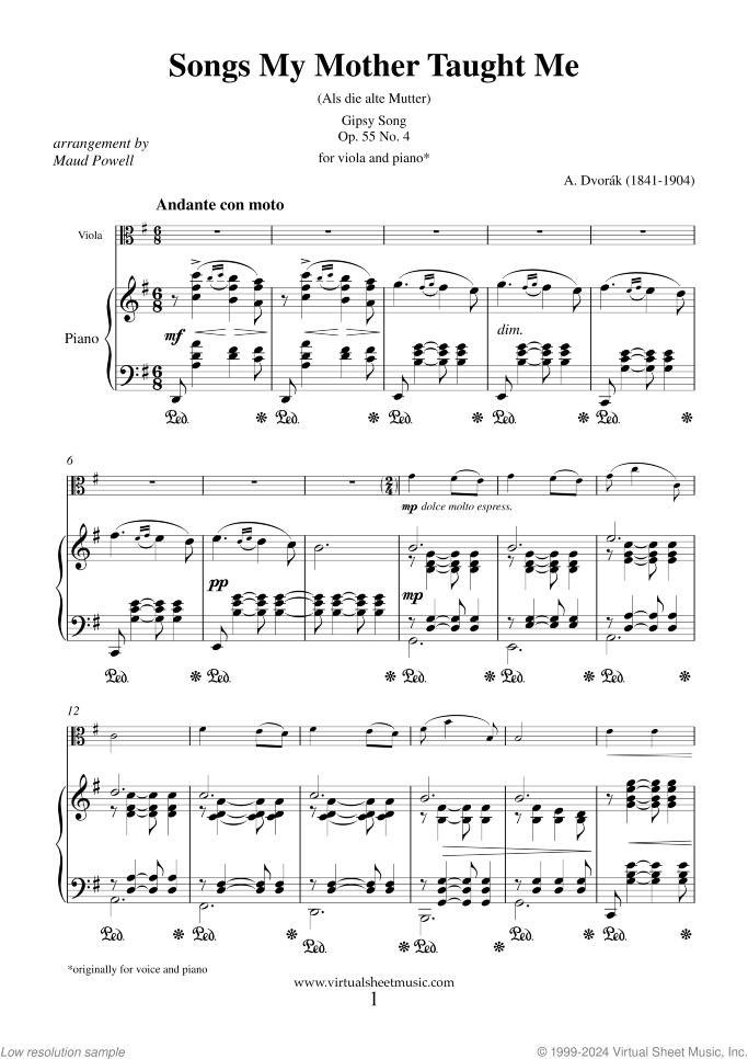 Songs My Mother Taught Me Op. 55 No. 4 sheet music for viola and piano by Antonin Dvorak, classical score, advanced skill level