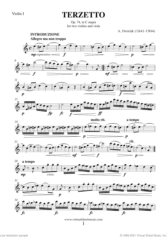 Terzetto Op. 74 (parts) sheet music for string trio by Antonin Dvorak, classical score, intermediate/advanced skill level
