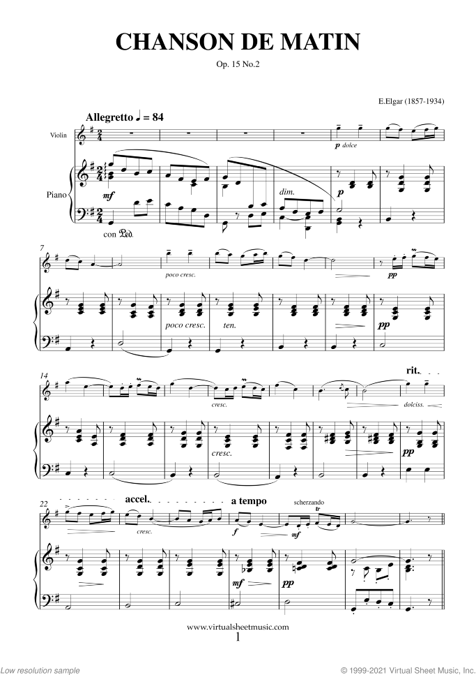 Chanson de Matin Op. 15 No. 2 sheet music for violin and piano by Edward Elgar, classical score, intermediate/advanced skill level