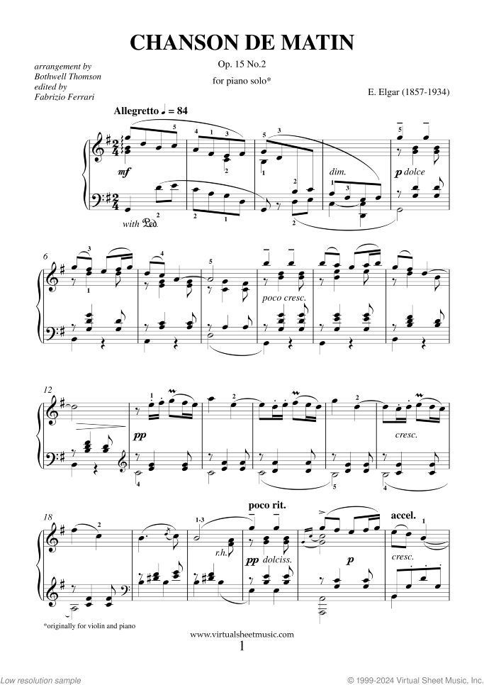 Chanson de Matin Op. 15 No. 2 sheet music for piano solo by Edward Elgar, classical score, intermediate/advanced skill level