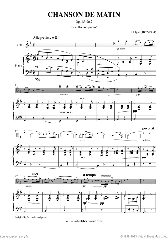 Chanson de Matin Op. 15 No. 2 sheet music for cello and piano by Edward Elgar, classical score, intermediate/advanced skill level