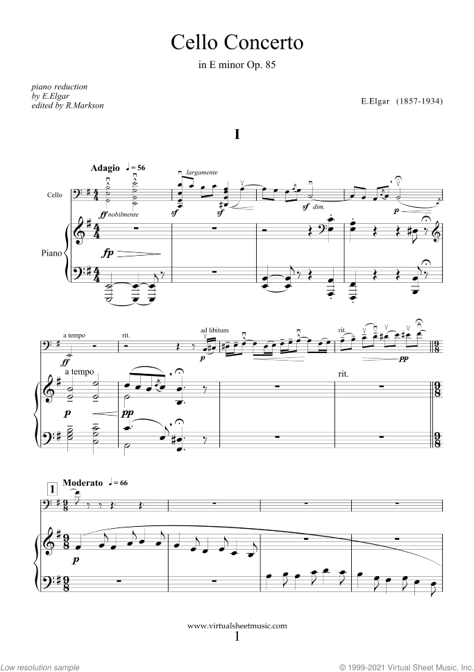 Concerto in E minor Op.85 sheet music for cello and piano by Edward Elgar, classical score, advanced skill level