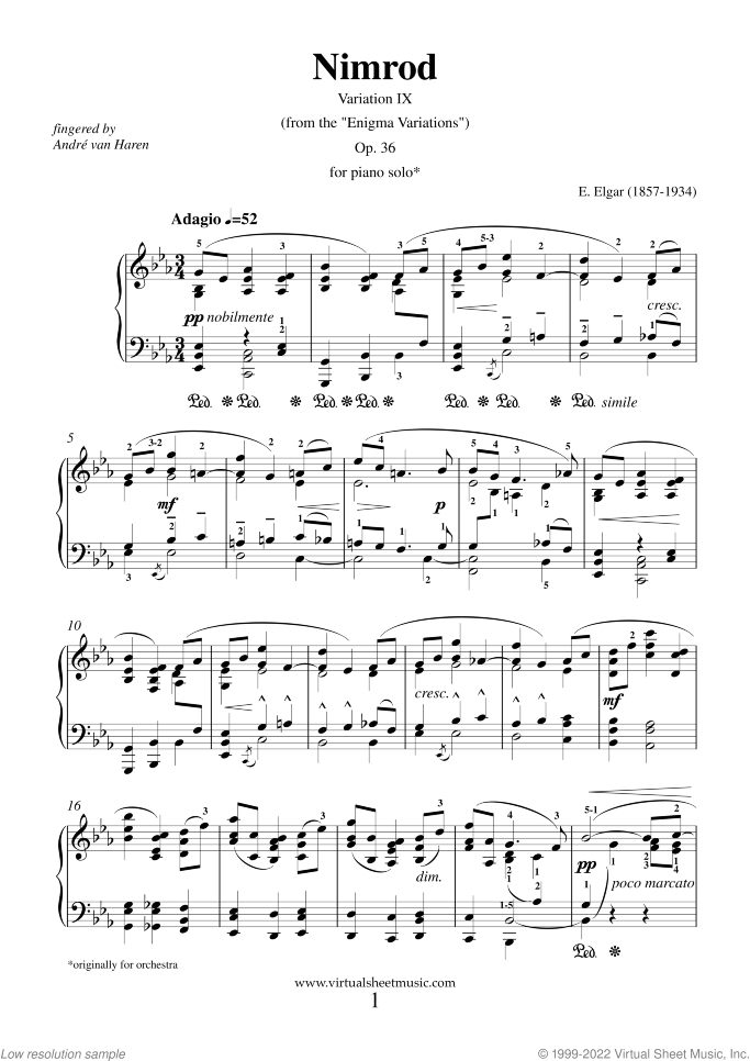 Nimrod sheet music for piano solo by Edward Elgar, classical score, intermediate skill level