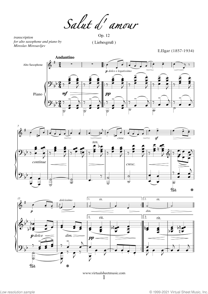 Salut d' Amour Op.12 sheet music for alto saxophone and piano by Edward Elgar, classical score, intermediate skill level