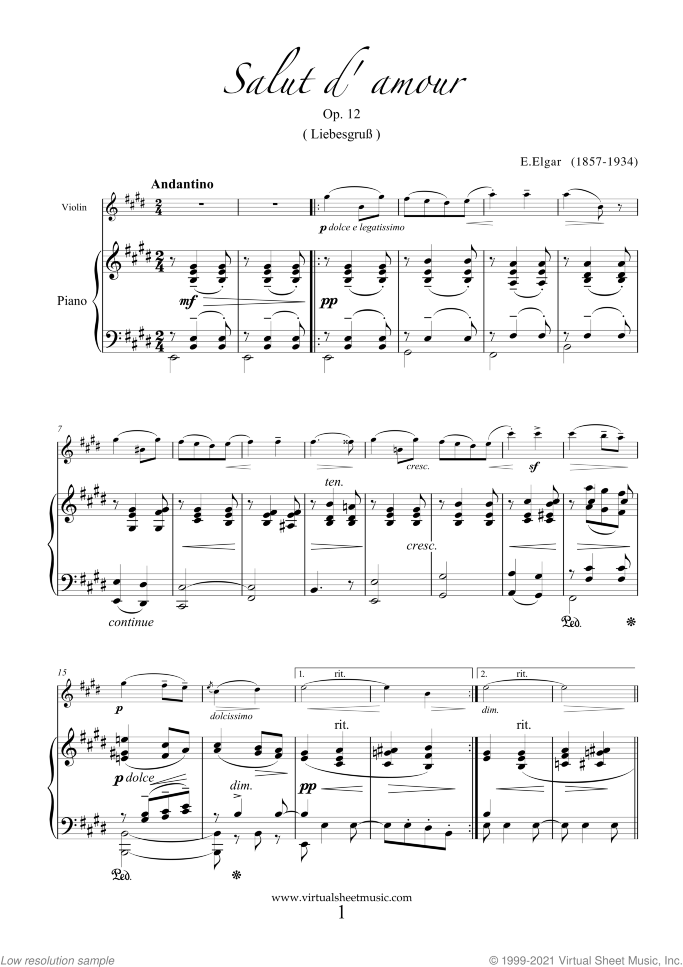 Salut d' Amour Op.12 sheet music for violin and piano by Edward Elgar, classical score, intermediate/advanced skill level