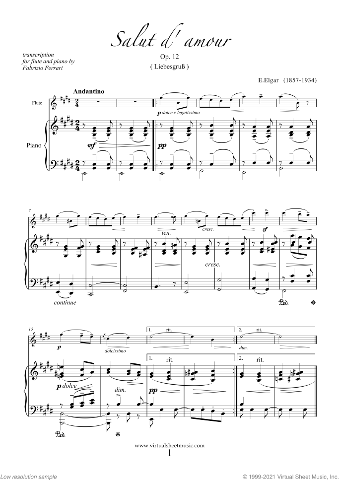 Salut d' Amour Op.12 sheet music for flute and piano by Edward Elgar, classical score, intermediate/advanced skill level