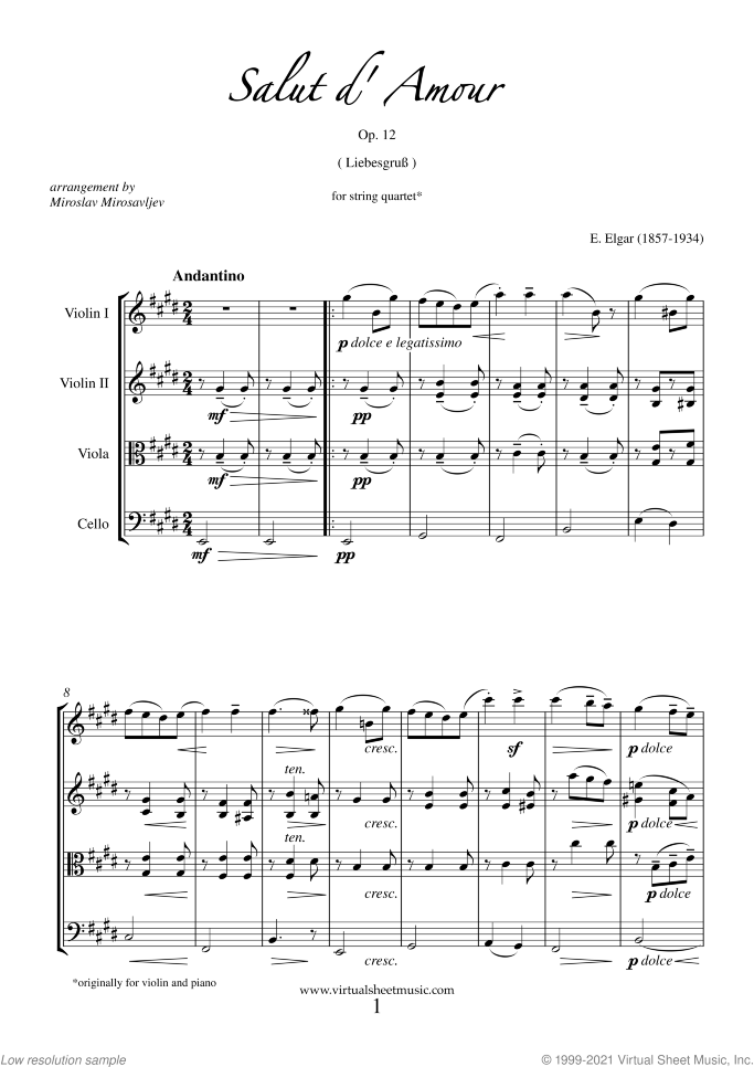 Salut d' Amour Op.12 (f.score) sheet music for string quartet by Edward Elgar, classical score, intermediate skill level