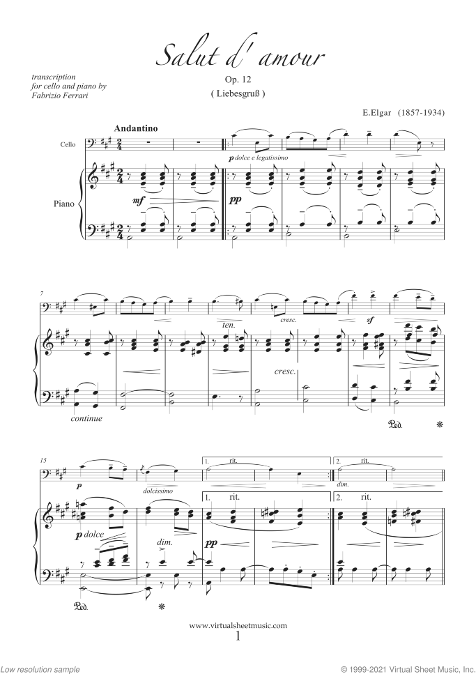 Salut d' Amour Op.12 sheet music for cello and piano by Edward Elgar, classical score, intermediate/advanced skill level