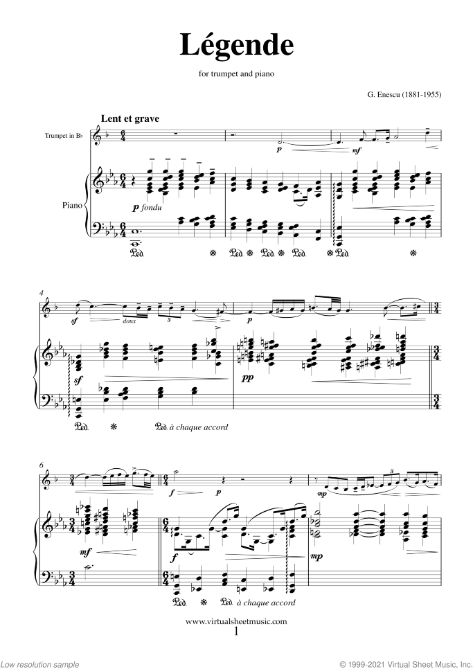 Legende sheet music for trumpet and piano by George Enescu, classical score, advanced skill level