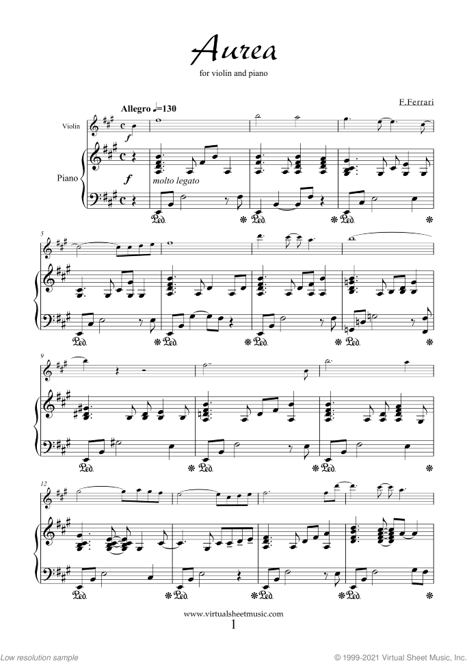 Aurea sheet music for violin and piano by Fabrizio Ferrari, intermediate skill level