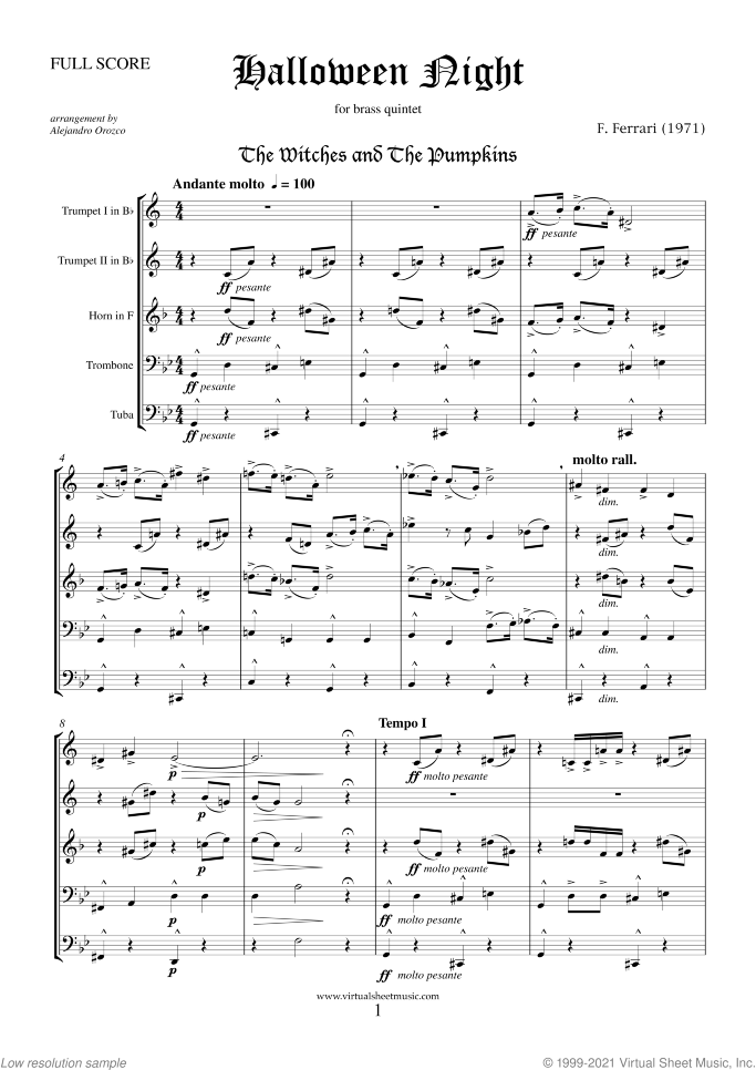 Halloween Night (f.score) sheet music for brass quintet by Fabrizio Ferrari, intermediate skill level