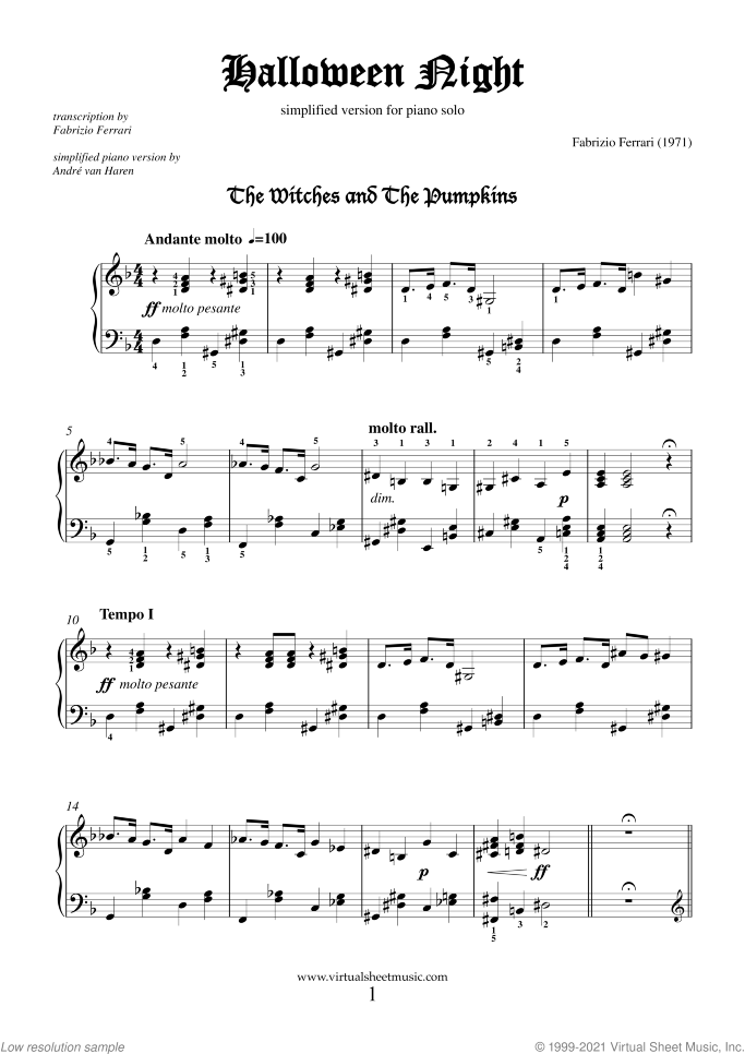 Halloween Night (simplified) sheet music for piano solo by Fabrizio Ferrari, intermediate skill level