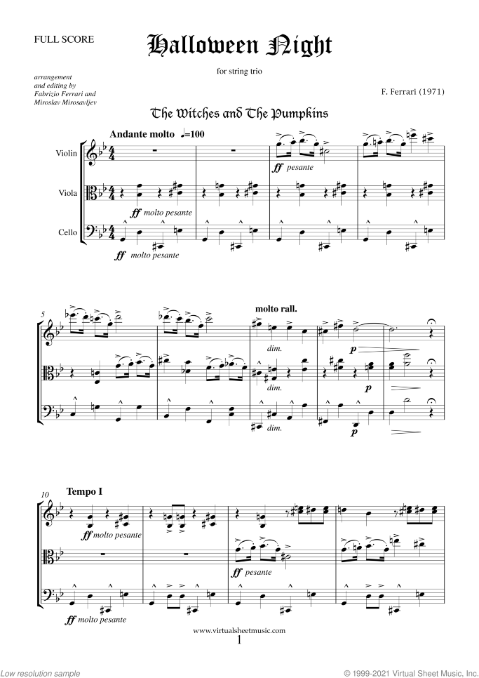 Halloween Night (f.score) sheet music for string trio by Fabrizio Ferrari, intermediate skill level