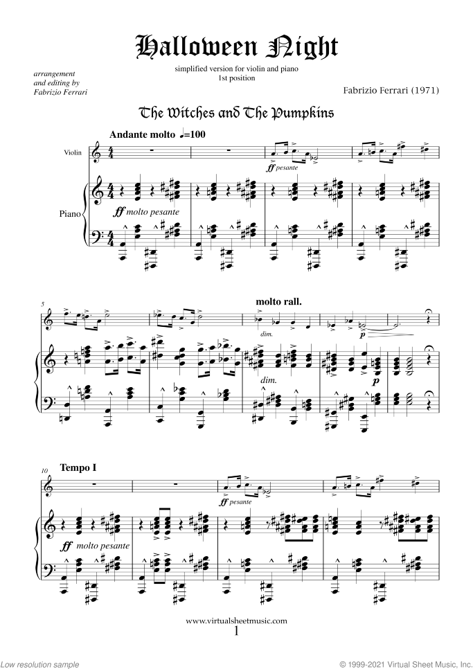 Halloween Night (simplified) sheet music for violin and piano by Fabrizio Ferrari, intermediate skill level