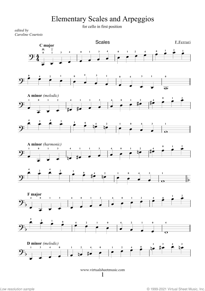 Elementary Scales and Arpeggios sheet music for cello solo by Fabrizio Ferrari, easy skill level