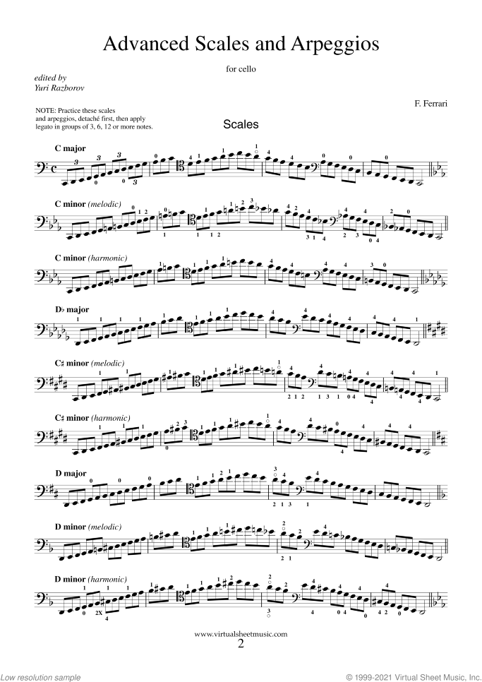 Advanced Scales and Arpeggios sheet music for cello solo by Fabrizio Ferrari, classical score, intermediate/advanced skill level