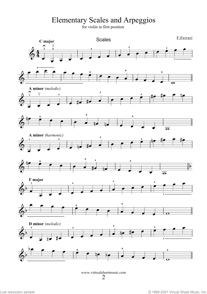 Elementary Scales and Arpeggios sheet music for violin solo by Fabrizio Ferrari, classical score, easy skill level