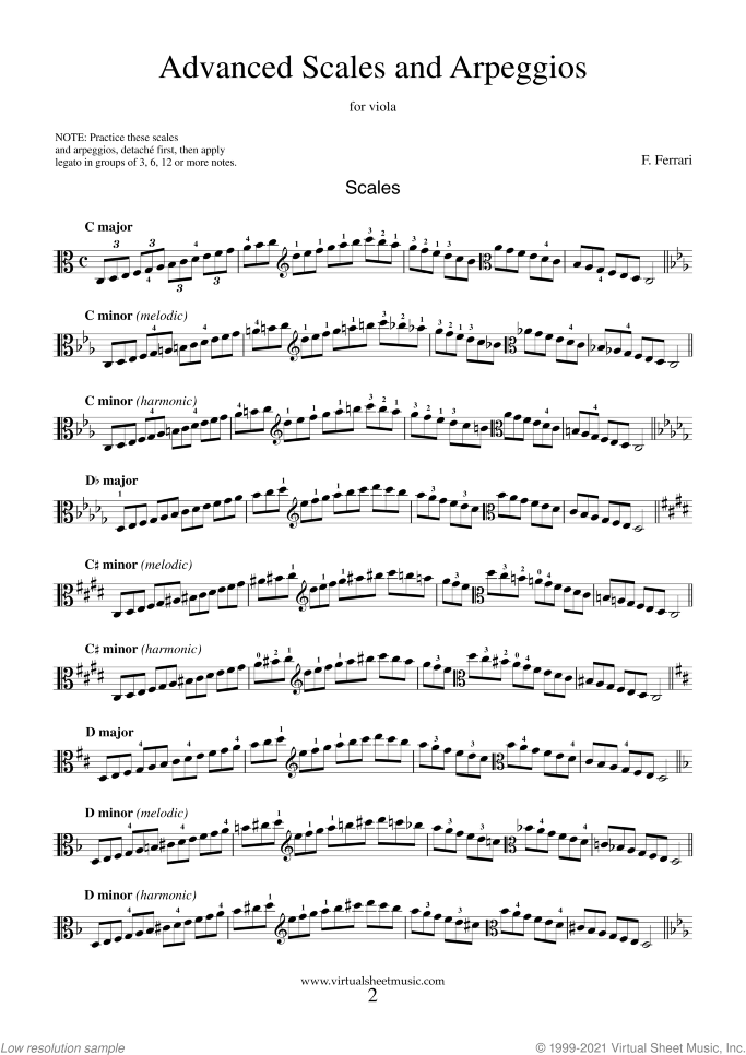 Advanced Scales and Arpeggios sheet music for viola solo by Fabrizio Ferrari, classical score, intermediate/advanced skill level