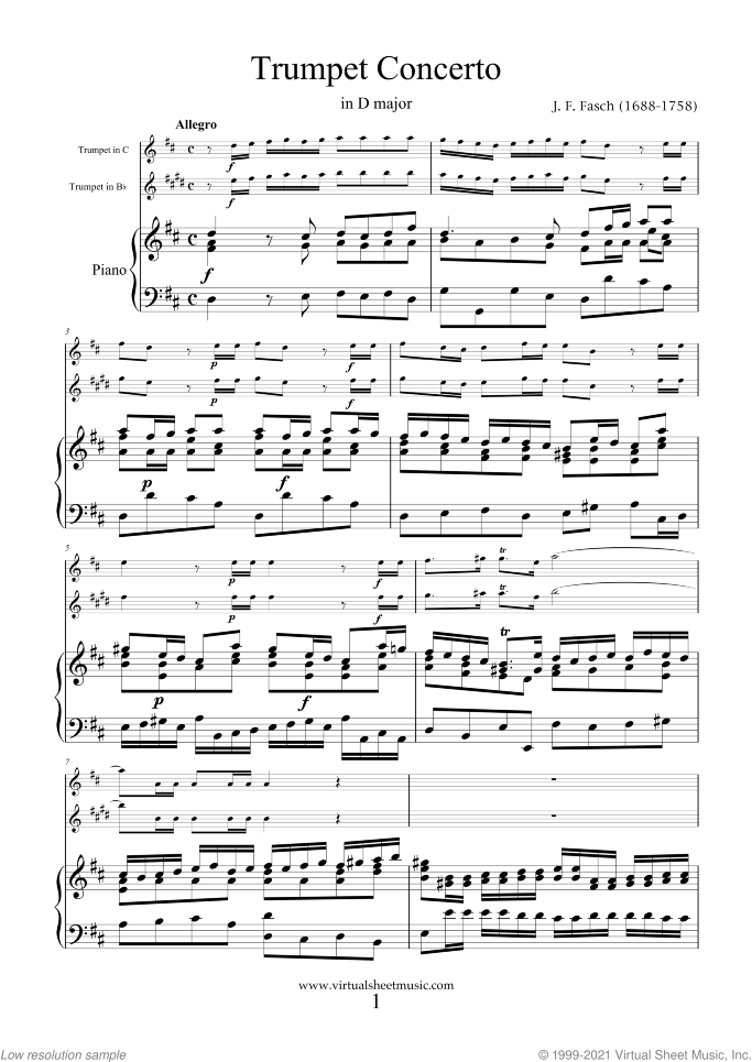 Concerto in D major sheet music for trumpet and piano by Johann Friedrich Fasch, classical score, intermediate skill level