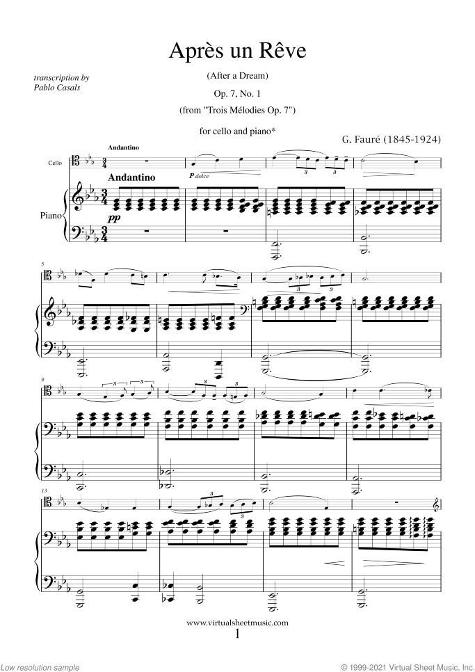 Apres un Reve Op.7 No.1 (NEW EDITION) sheet music for cello and piano by Gabriel Faure, classical score, intermediate skill level