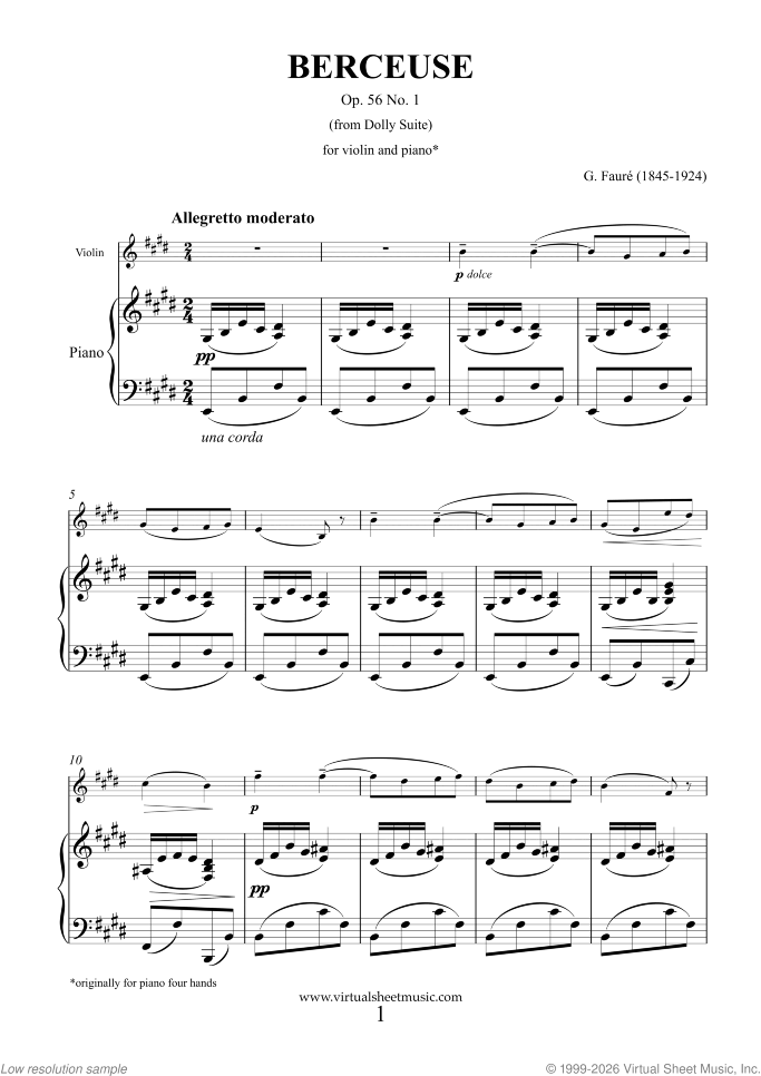 Berceuse Op.56 No.1 sheet music for violin and piano by Gabriel Faure, classical score, intermediate skill level