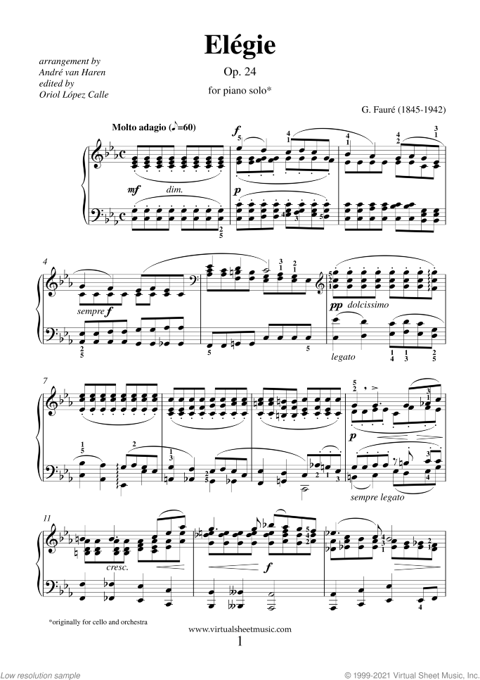 Elegie Op.24 sheet music for piano solo by Gabriel Faure, classical score, intermediate/advanced skill level