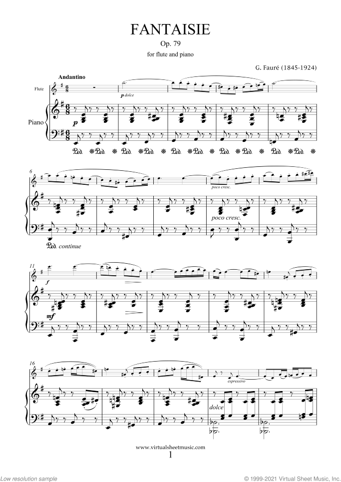 Fantaisie Op.79 sheet music for flute and piano by Gabriel Faure, classical score, intermediate/advanced skill level