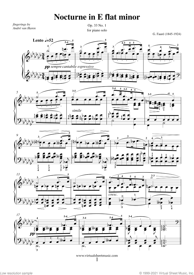 Nocturne Op.33 No.1 sheet music for piano solo by Gabriel Faure, classical score, intermediate/advanced skill level