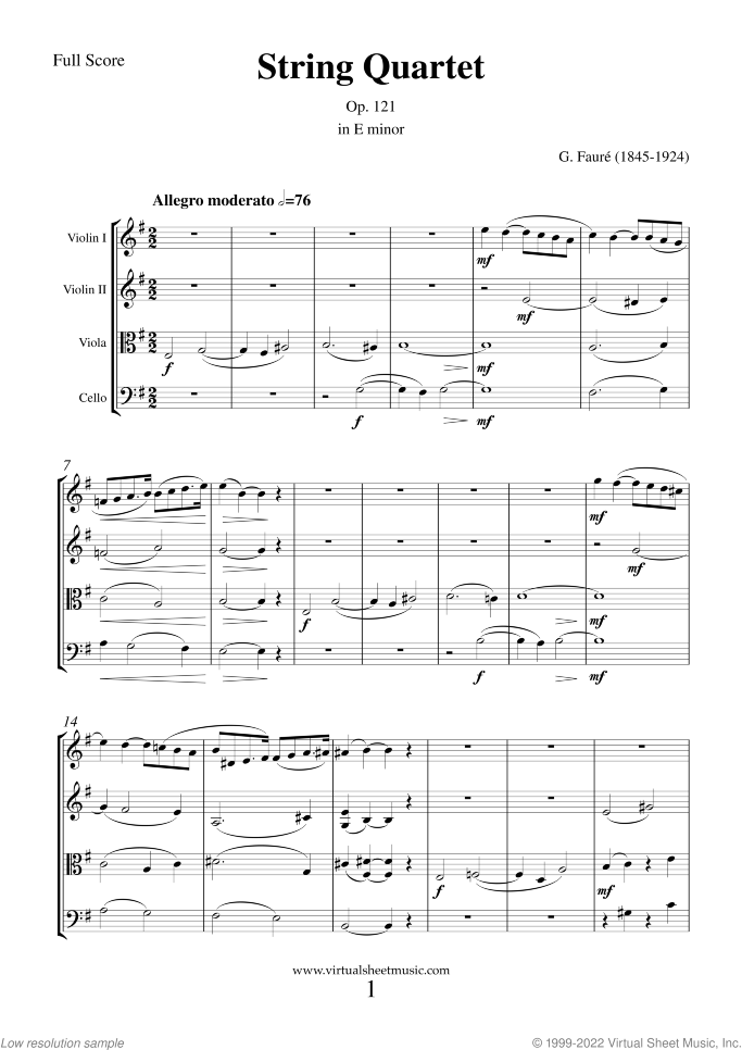 String Quartet in E minor Op. 121 (f.score) sheet music for string quartet by Gabriel Faure, classical score, intermediate/advanced skill level