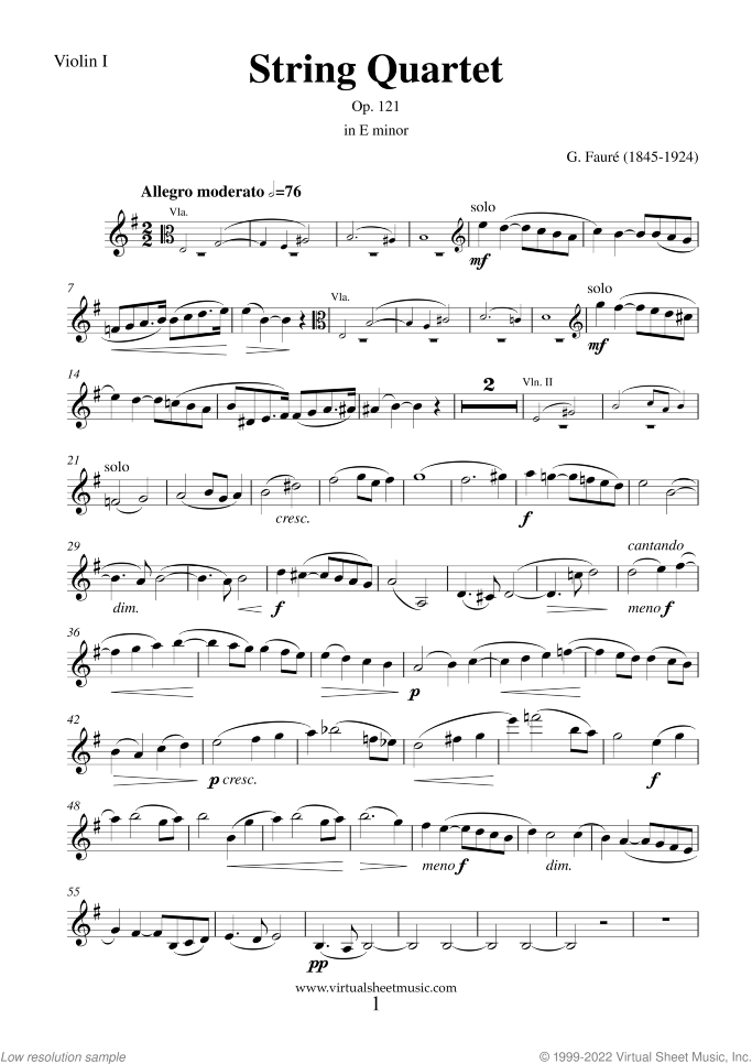 String Quartet in E minor Op. 121 (parts) sheet music for string quartet by Gabriel Faure, classical score, intermediate/advanced skill level