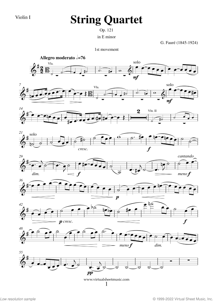 String Quartet in E minor Op. 121 sheet music for string quartet by Gabriel Faure, classical score, intermediate/advanced skill level