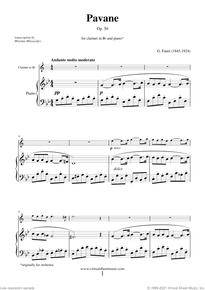 Pavane Op.50 sheet music for clarinet and piano by Gabriel Faure, classical score, intermediate skill level