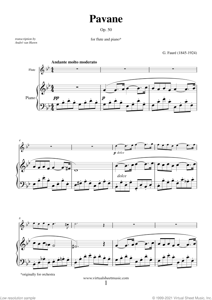 Pavane Op.50 sheet music for flute and piano by Gabriel Faure, classical score, intermediate skill level