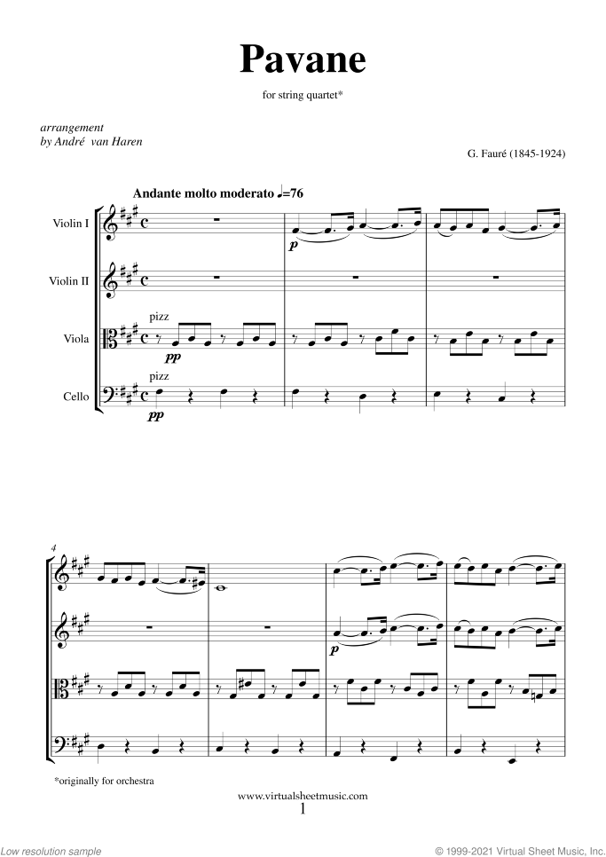 Pavane Op.50 (f.score) sheet music for string quartet by Gabriel Faure, classical score, intermediate skill level
