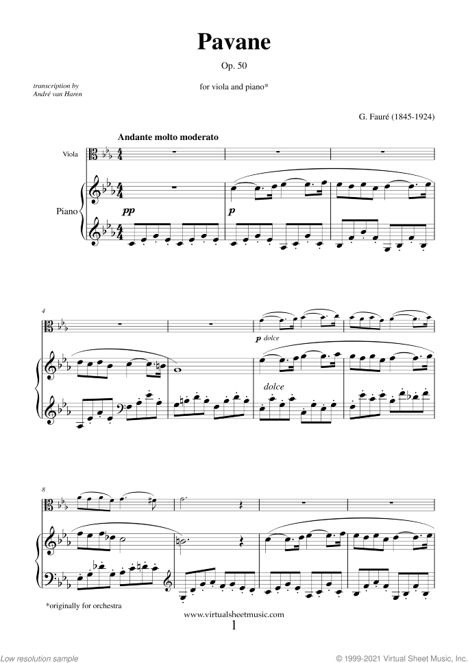 Pavane Op.50 sheet music for viola and piano by Gabriel Faure, classical score, intermediate skill level