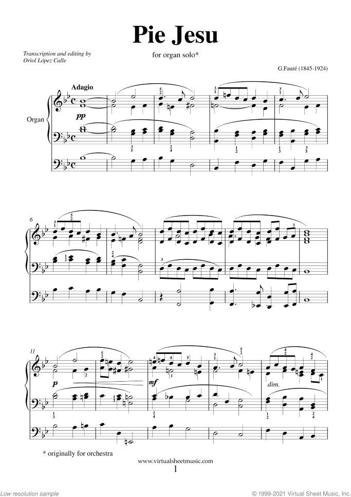 Pie Jesu (Blessed Jesu) sheet music for organ solo by Gabriel Faure, classical wedding score, easy skill level