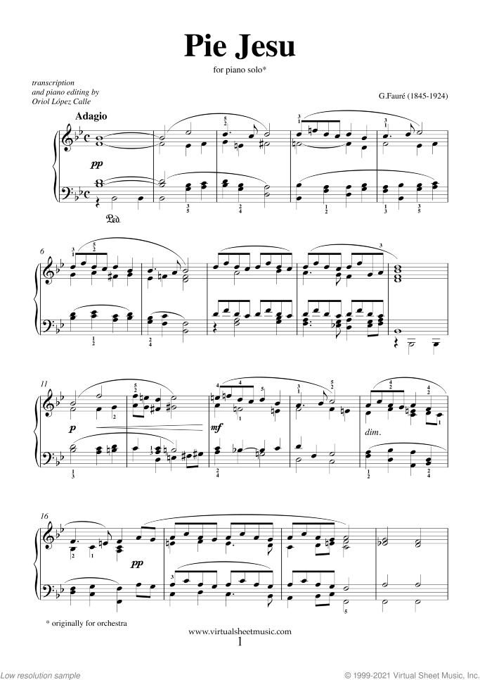 Pie Jesu (Blessed Jesu) sheet music for piano solo by Gabriel Faure, classical wedding score, easy skill level