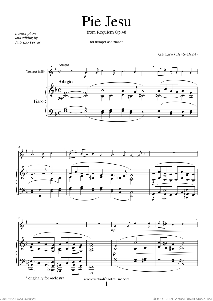 Pie Jesu (Blessed Jesu) sheet music for trumpet and piano by Gabriel Faure, classical wedding score, easy skill level