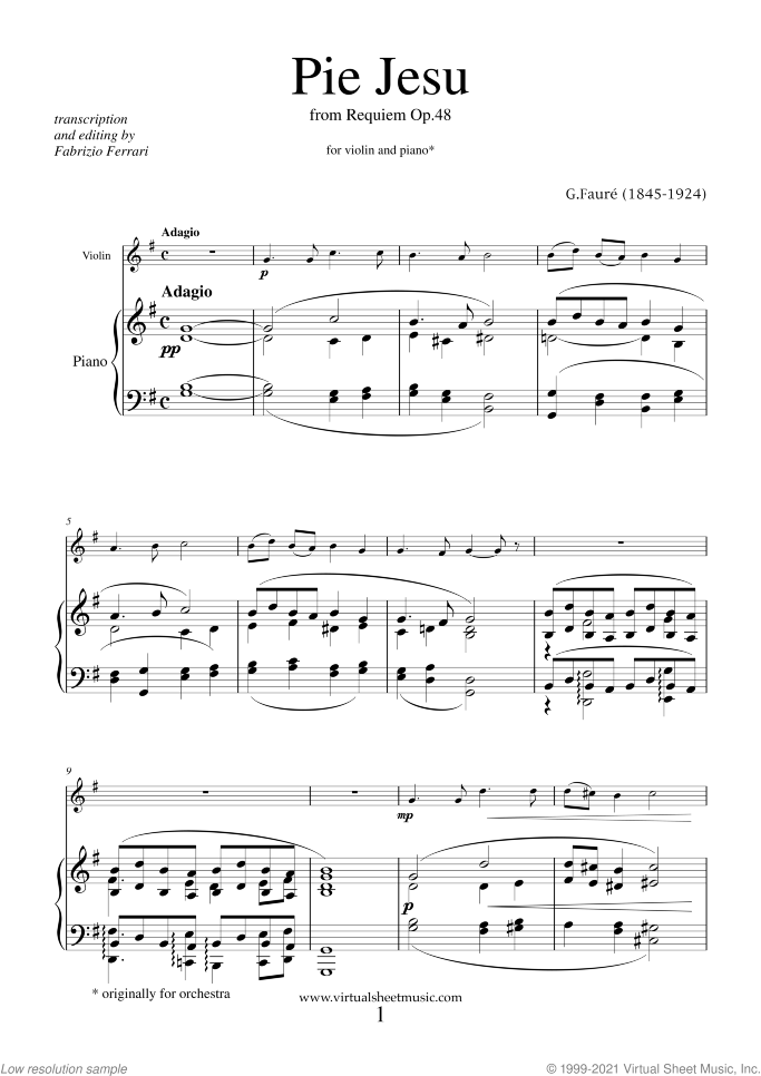 Pie Jesu (Blessed Jesu) sheet music for violin and piano by Gabriel Faure, classical wedding score, easy skill level