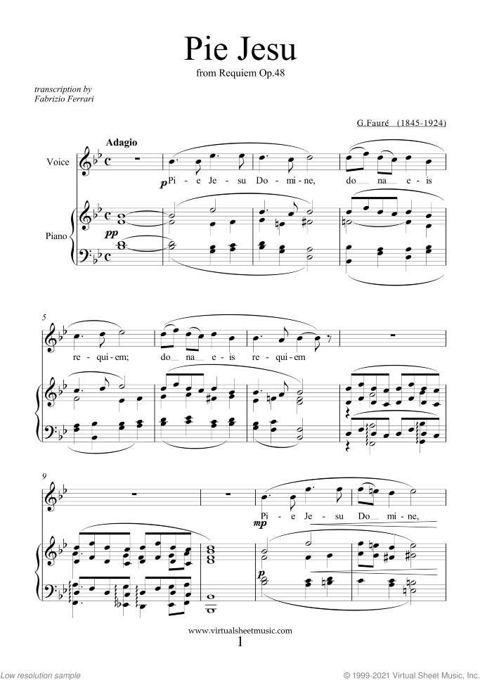 Pie Jesu (Blessed Jesu) sheet music for voice and piano by Gabriel Faure, classical wedding score, easy/intermediate skill level