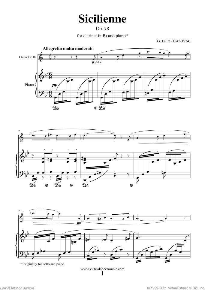 Sicilienne Op.78 sheet music for clarinet and piano by Gabriel Faure, classical score, intermediate/advanced skill level