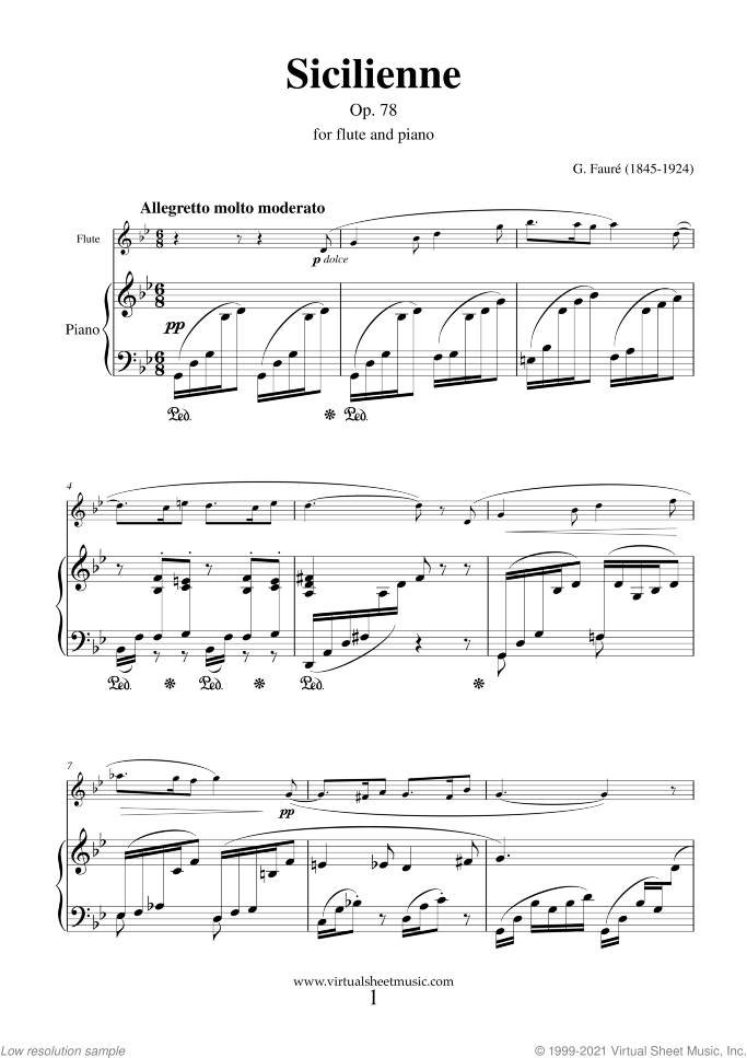 Sicilienne Op.78 sheet music for flute and piano by Gabriel Faure, classical score, intermediate/advanced skill level