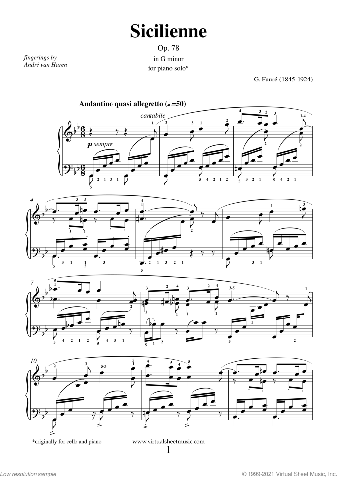 Sicilienne Op.78 sheet music for piano solo by Gabriel Faure, classical score, intermediate/advanced skill level