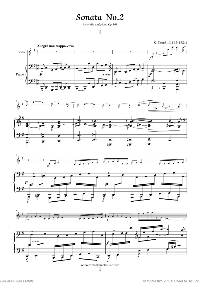 Sonata in E minor sheet music for violin and piano by Gabriel Faure, classical score, advanced skill level
