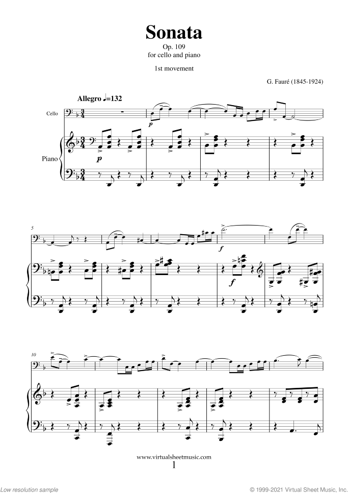 Sonata in D minor Op. 109 (1st movement) sheet music for cello and piano by Gabriel Faure, classical score, advanced skill level