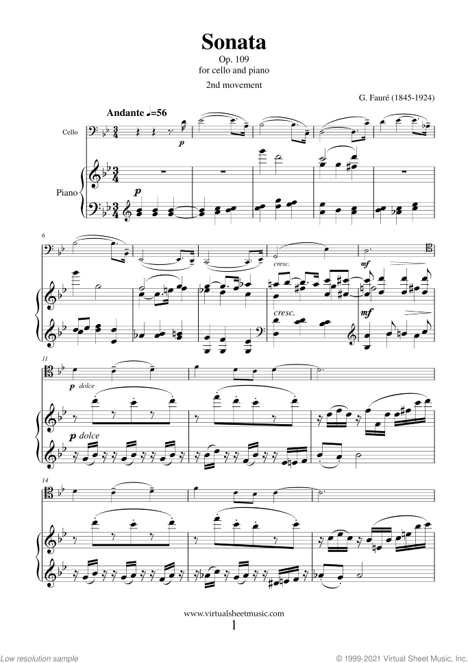 Sonata in D minor Op. 109 (2nd movement) sheet music for cello and piano by Gabriel Faure, classical score, advanced skill level